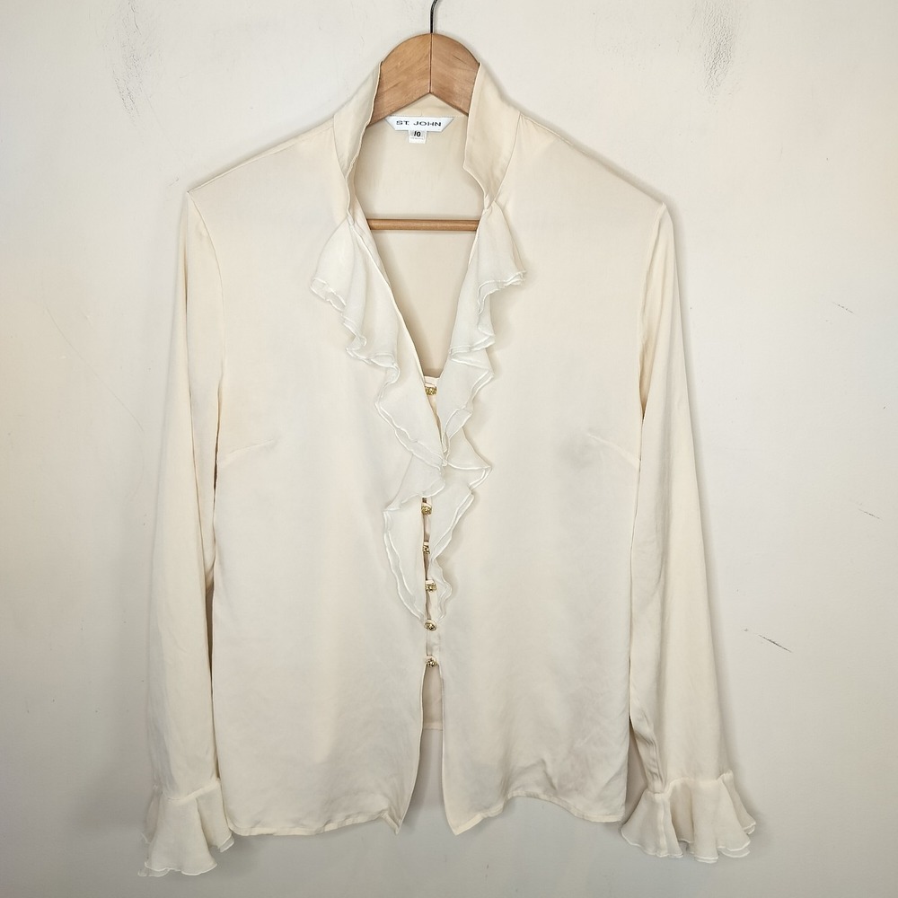 St. John Ivory Silk Shirt Ruffled Flare Cuff Button Up